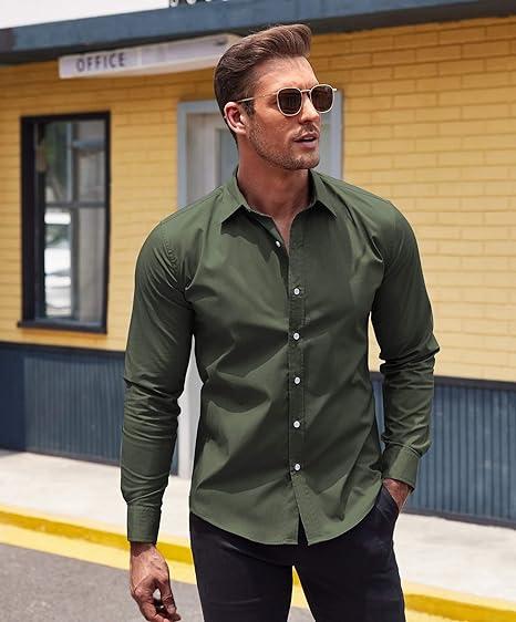 COOFANDY Men's Muscle Fit  Shirt Wrinkle Free Long Sleeve Button Down Shirt - For Business Work Casual Classic Cotton Fabric Menswear Tops Classy Elastic Pants Plaid Slim Fit Stylish Collar