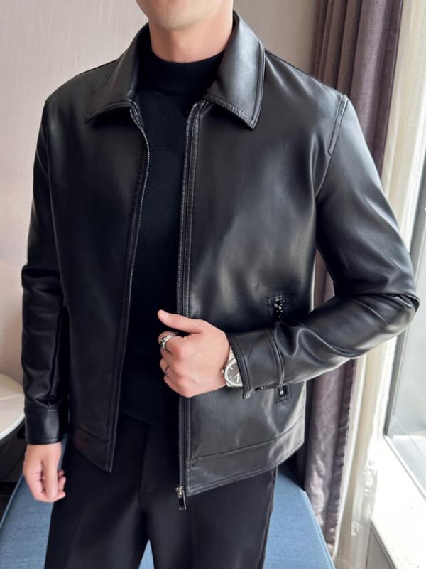 Men's Regular Fit Solid Pocket Zipper Pu Leather Jacket, Men's Designer Clothes, Winter Outfits 2024, Casual Long Sleeve Collar Outerwear for All Seasons, Fashion Men's Clothing for Daily Wear