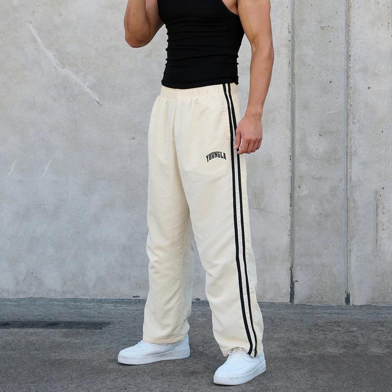 YOUNGLA men's sports pants double spliced printed casual pants gym exercise fitness waist straight pants