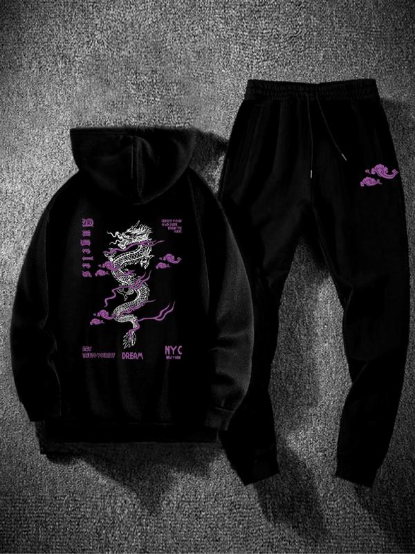 Men's Dragon Print Kangaroo Pocket Hoodie & Drawstring Waist Sweatpants Two-piece Set, Regular Fit Sporty Long Sleeve Hooded Sweatshirt & Pocket Jogger Pants for Fall & Winter, Men's Two-piece Outfits for Daily Wear