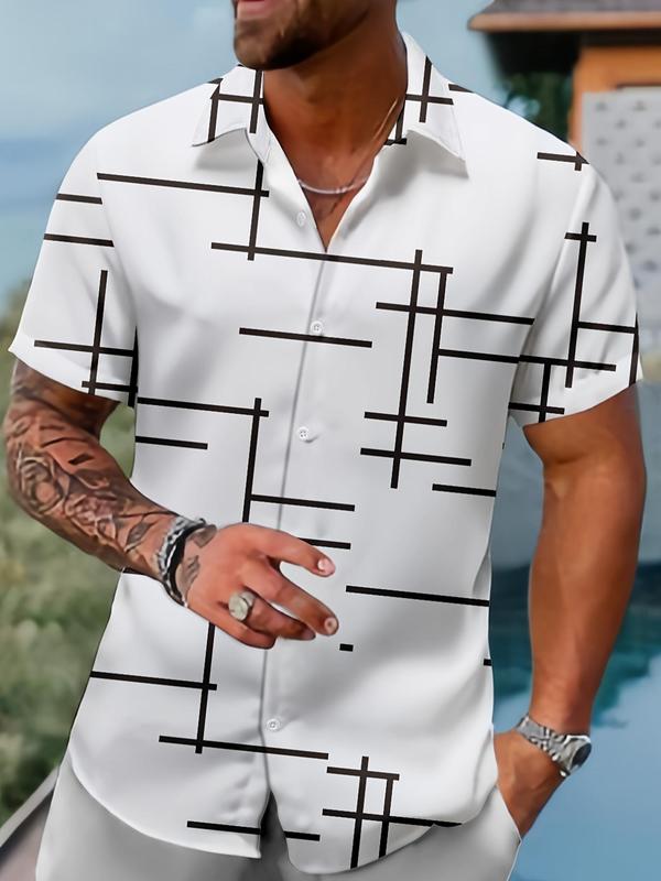 Men's All Over Print Button Front Shirt, Casual Short Sleeve Collared Top for Spring & Fall, Fashion Men's Clothes