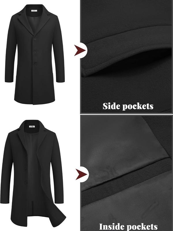 COOFANDY Mens Wool Blend Coat Winter Trench Coats Notched Lapel Collar Single Breasted Overcoat Classic Peacoat With Pockets Menswear Casual