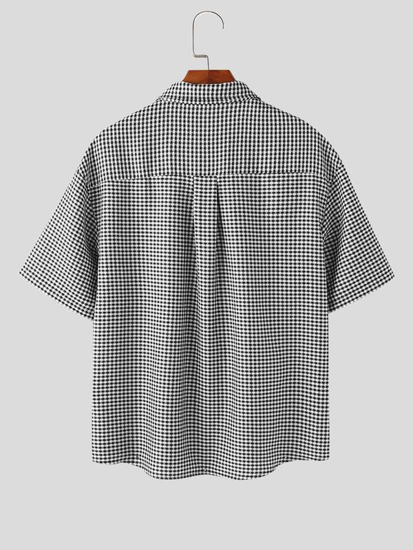 Men's Houndstooth Print Button Front Shirt with Tie, Regular Fit Casual Half Sleeve Pocket Collared Top for Summer, Men's Clothes for Daily Wear