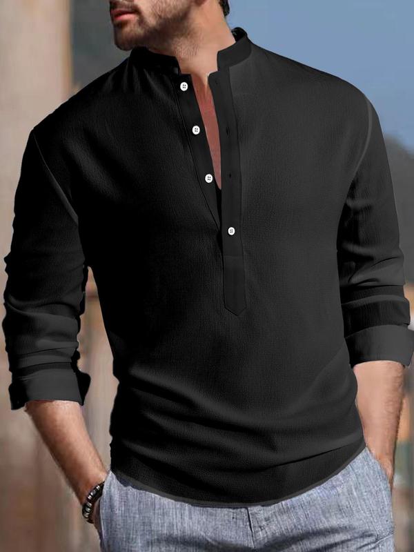 Men's Regular Fit Plain Button Front Shirt, Casual Comfy Long Sleeve Top For Men Daily Outdoor Wear, Men Tops For Spring & Summer & Fall