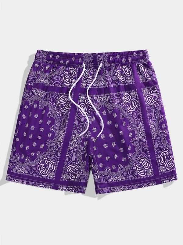 Men's Random Ethnic Pattern Drawstring Waist Shorts, Casual Comfy Pocket Beach Shorts for Summer, Men Clothes for Beach Vacation