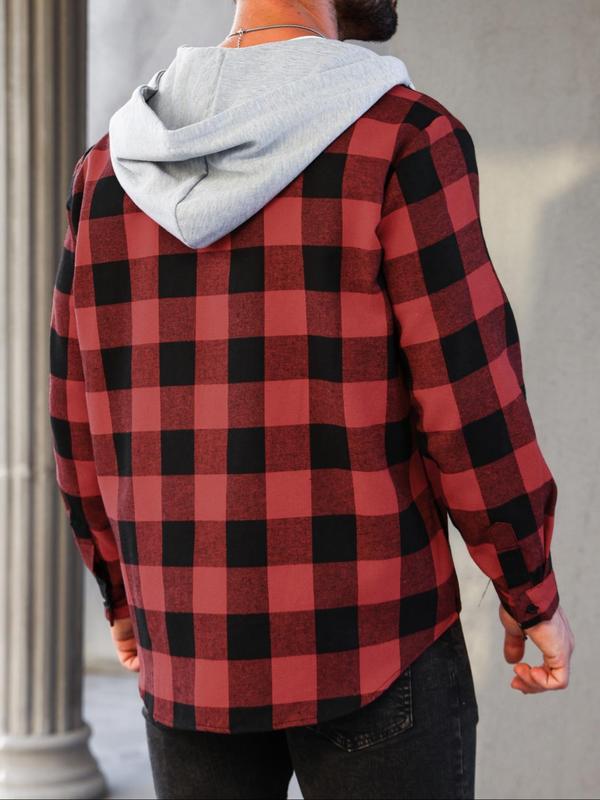 Men's Patchwork Plaid Print Button Front Hooded Jacket, Casual Regular Fit Long Sleeve Drawstring Pocket Outerwear for Fall & Winter, Men's Clothes for Daily Wear