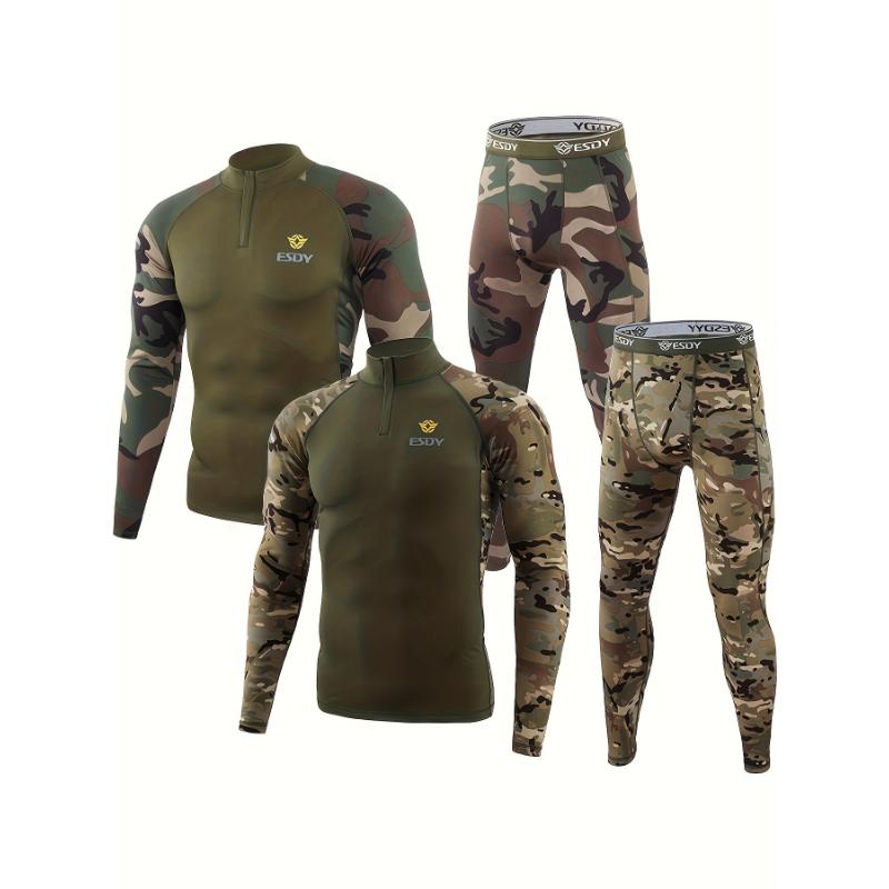 2 Pcs Premium Men's Thermal Underwear Set - Green Camo Sports Bodybuilding Essentials for Cold Weather - 1 4 Zip Neckline Shirt and Leggings for Fitness Enthusiasts Fabric Menswear Fabric Menswear