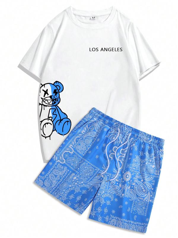 Men's Cartoon Bear Print Tee & Paisley Print Drawstring Waist Shorts Two-piece Set, Regular Fit Round Neck Short Sleeve T-shirt & Pocket Shorts, Casual Summer Clothes Set for Men