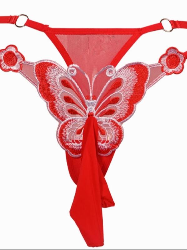 Men's Butterfly Embroidery Sheer Sexy Thong, Breathable Comfortable O-ring Decor Sexy Underwear for Daily Wear, Fashion Men's Underwear for All Seasons