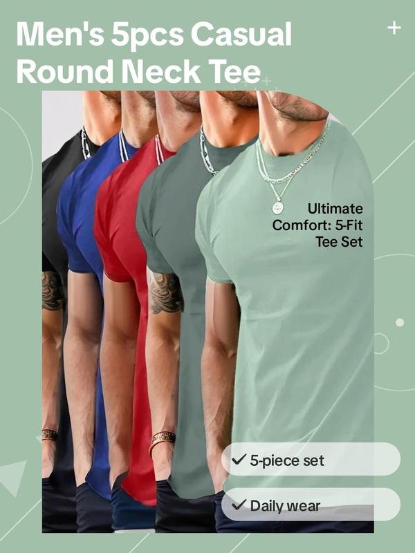 Men's Regular Fit 5pcs Plain Round Neck Tee, Summer Outfits, Casual Solid Short Sleeve T-shirt for Summer, Men's Top for Daily Streetwear, Shortsleeve Plain Tee