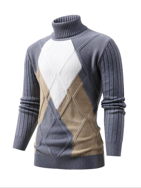 Men's Colorblock High Neck Sweater Pullover, Regular Fit Casual Long Sleeve Jumper for Fall & Winter, Fashion Men's Knitwear for Daily Wear