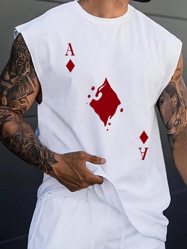 Men's Playing Card Print Round Neck Sleep Tank Top, Summer Clothes, Casual Soft Comfortable Back To School Regular Fit Sleeveless Sleep Top for All Seasons, Menswear Loungewear for Daily Wear