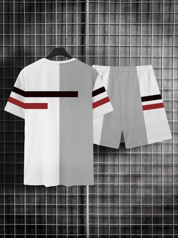 Two Pieces Men's Colorblock Striped Print Drawstring Two-piece Set, Regular Fit Casual Short Sleeve T-shirt & Pocket Shorts, Back To School Clothes, Men's Summer Outfits for Daily Wear