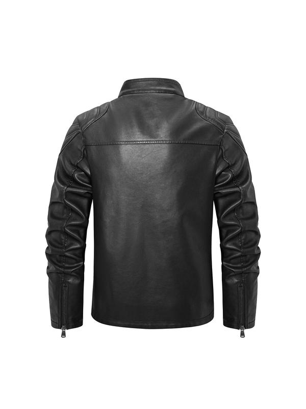 Men's Solid Color Pocket Zipper Pu Leather Jacket, Regular Fit Casual Long Sleeve High Neck Outerwear for Fall & Winter, Men's Clothes for Daily Wear, Men's Jackets, Varsity Jackets