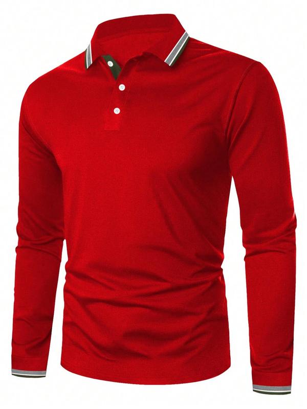 Men's Contrast Binding Polo Shirt, Regular Fit Casual Long Sleeve Button Top, Mens Clothes for Daily Wear