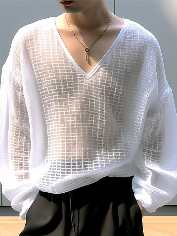 Men's V Neck Plaid Sheer Mesh Top, Casual Comfy Loose See Through Top for Daily Wear, Men's Clothes for All Seasons