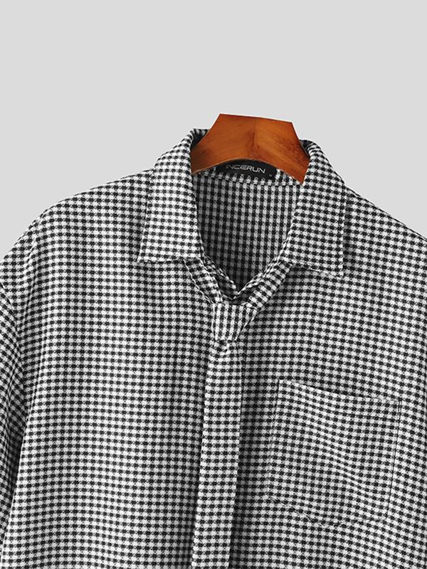 Men's Houndstooth Print Button Front Shirt with Tie, Regular Fit Casual Half Sleeve Pocket Collared Top for Summer, Men's Clothes for Daily Wear