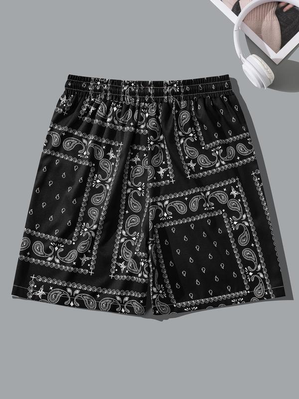 Men's Random Ethnic Pattern Drawstring Waist Shorts, Casual Comfy Pocket Beach Shorts for Summer, Men Clothes for Beach Vacation