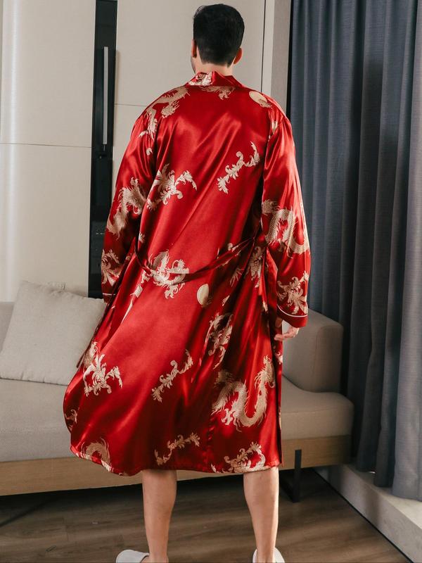 Men's All Over Dragon Print Satin Longsleeves Loungewear Robe with Waist Belt Design, Casual Regular Fit Long Sleeve Shawl Collar Dressing Gown,  Skims Menswear, Male Nightwear, Summer Men's Sleepwear, Menswear