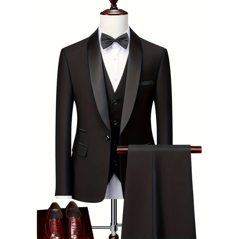 3pcs Classic Dress Suit Set For Men, Shawl Lapel, Slim Fit, Formal Wear Menswear Sleeve