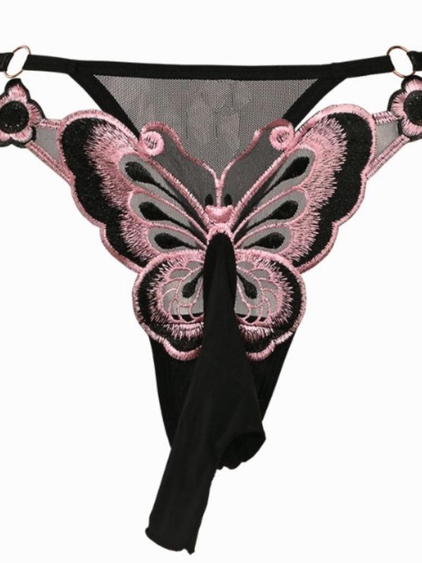 Men's Butterfly Embroidery Sheer Sexy Thong, Breathable Comfortable O-ring Decor Sexy Underwear for Daily Wear, Fashion Men's Underwear for All Seasons