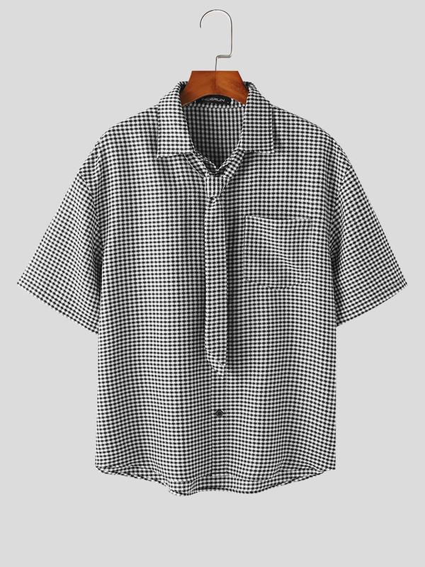 Men's Houndstooth Print Button Front Shirt with Tie, Regular Fit Casual Half Sleeve Pocket Collared Top for Summer, Men's Clothes for Daily Wear