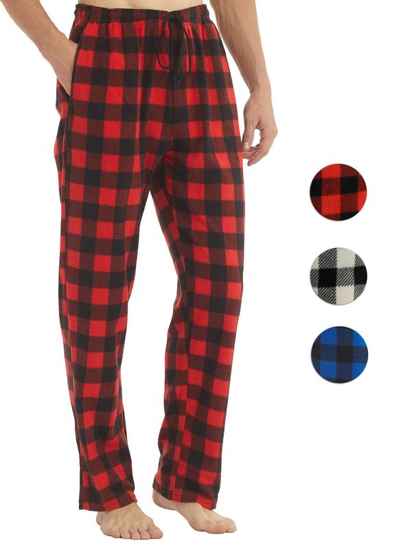 Men's Plaid Print Drawstring Waist Christmas Pajama Pants, Casual Polar Fleece Lounge Trousers for Fall, Lounge Pants, Back To School Wear, Men's Fall Clothing, Male Nightwear, Christmas Pajamas, Warm Bottoms, Fluffy Pajamas, Halloween Pajamas