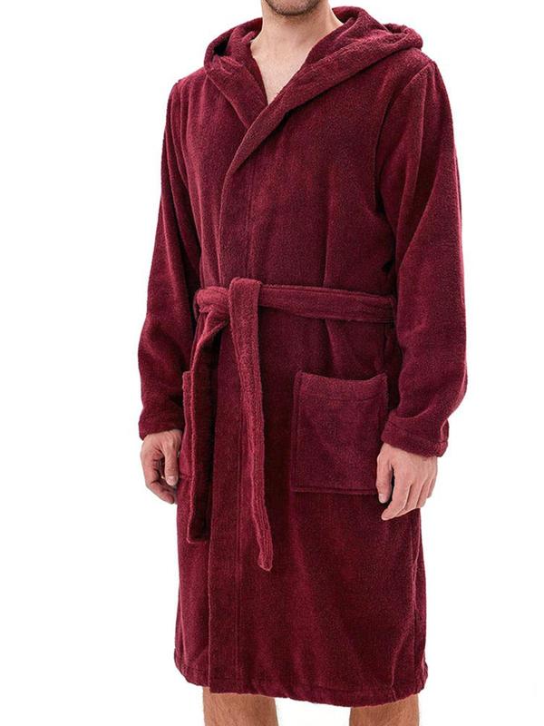 Men's Stylish Classic Plain Pocket Belted Flannel Hooded Long Sleeve PJ Dressing Gown, Fitted Casual Soft Comfy Warm Fuzzy PJ Nightwear, Thermal Bathrobe, Men's Loungewear for Fall & Winter, Menswear