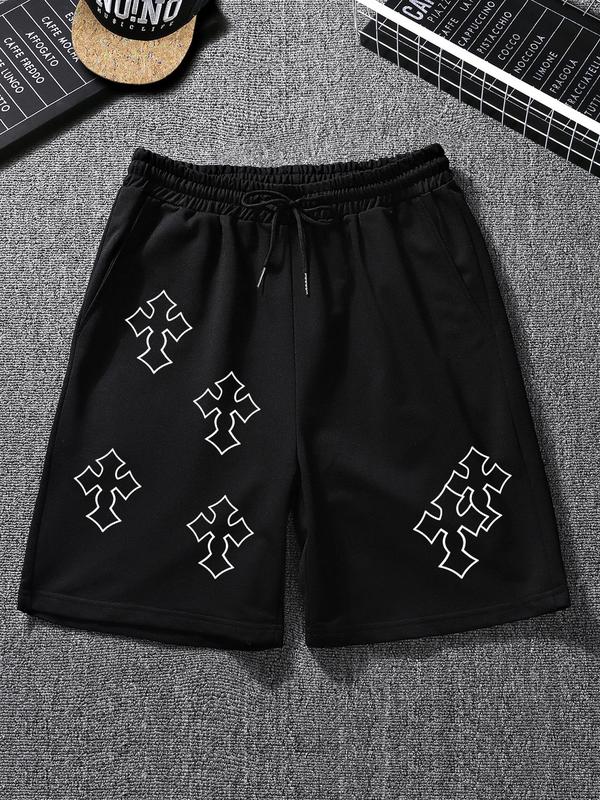 Men's Cross Print Drawstring Pocket Shorts, Regular Fit Casual Elastic Waist Straight Leg Shorts for Summer, Men's Bottoms for Daily Wear