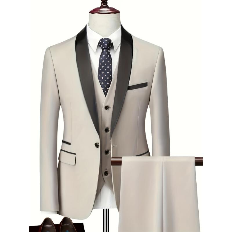 3pcs Classic Dress Suit Set For Men, Shawl Lapel, Slim Fit, Formal Wear Menswear Sleeve