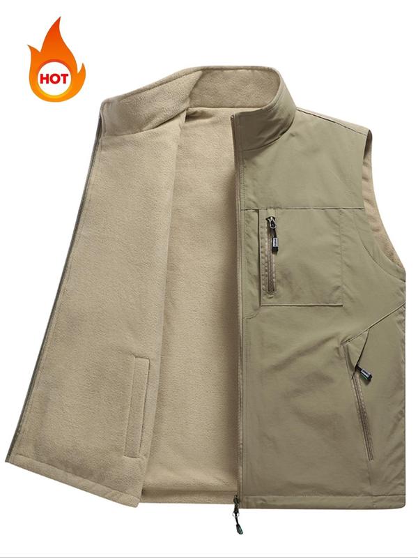 Men's Solid Color Zip Up Thermal Lined Reversible Vest Jacket, Regular Fit Casual Pocket Stand Collar Sleeveless Outerwear for Fall & Winter, Men's Clothes for Daily Wear