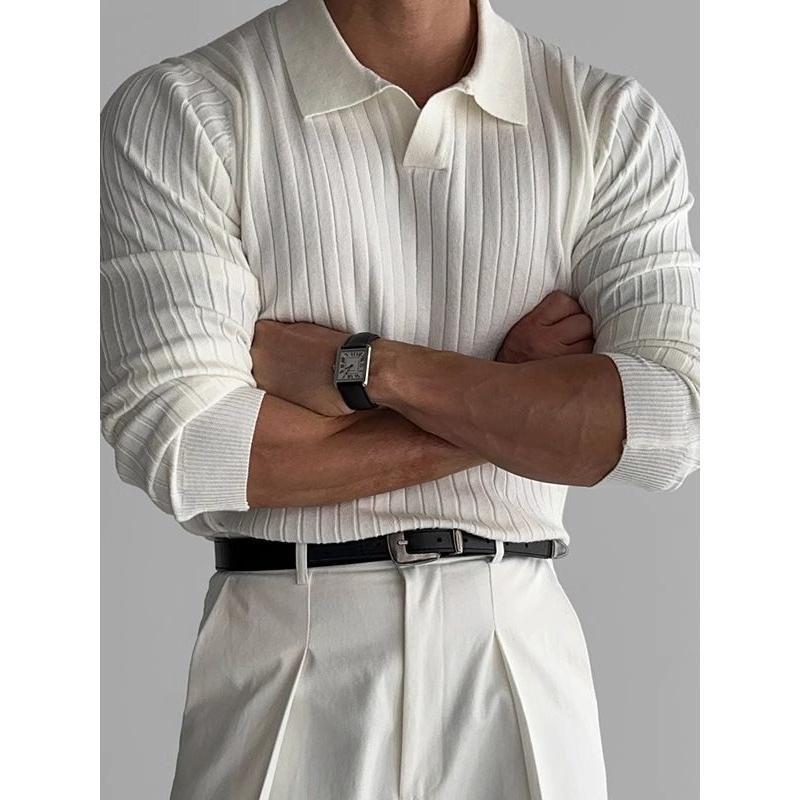 Solid Color Thread Stretch Lapel Slim Fit Pullover Knitted T-shirt Men's Spring and Autumn New Casual T-shirt Fashion