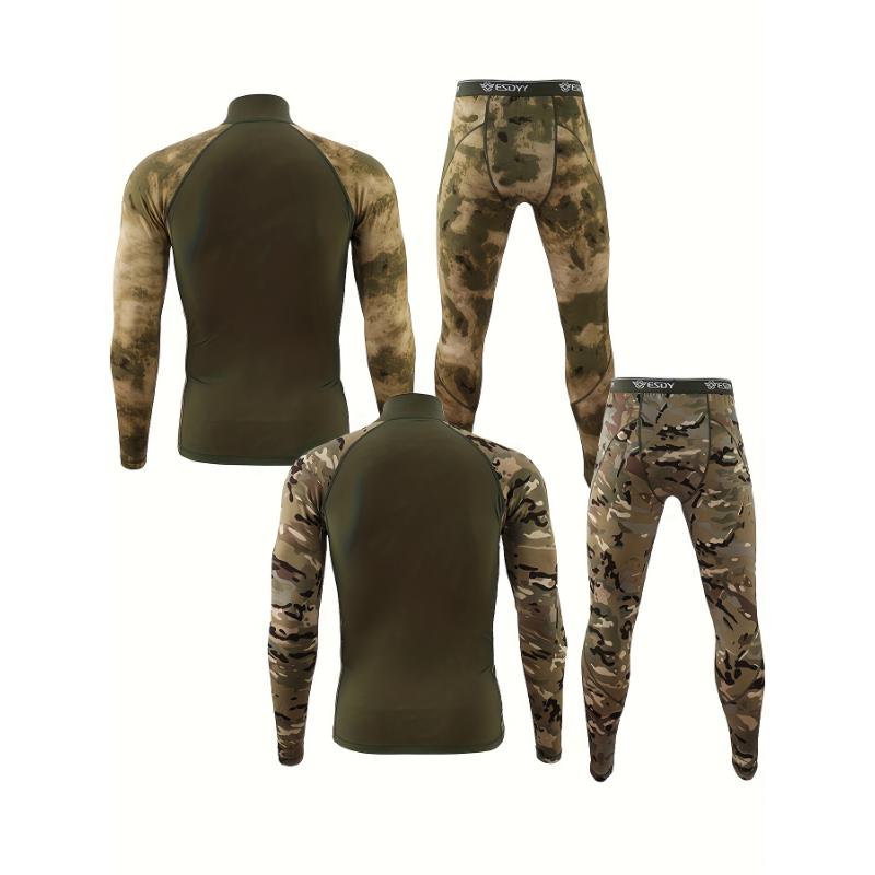 2 Pcs Premium Men's Thermal Underwear Set - Green Camo Sports Bodybuilding Essentials for Cold Weather - 1 4 Zip Neckline Shirt and Leggings for Fitness Enthusiasts Fabric Menswear Fabric Menswear