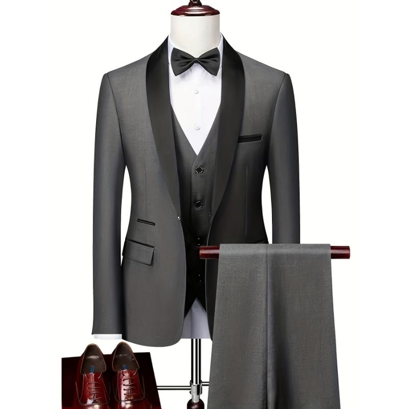 3pcs Classic Dress Suit Set For Men, Shawl Lapel, Slim Fit, Formal Wear Menswear Sleeve