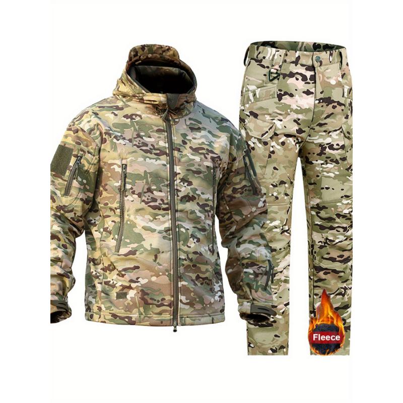 Men's Ultimate Camo Sharkskin Outfit - Windproof, Waterproof, Warm & Breathable Hooded Jacket with Fleece-Lined Pants Set for Hiking, Hunting, Camping | Durable, Comfortable & Versatile