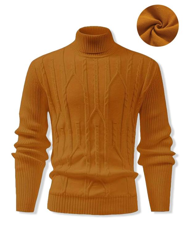 Men's Solid Textured Turtle Neck Sweater, Loose Casual Long Sleeve Jumper for Fall & Winter, Fashion Men's Knitwear for Daily Wear Tops