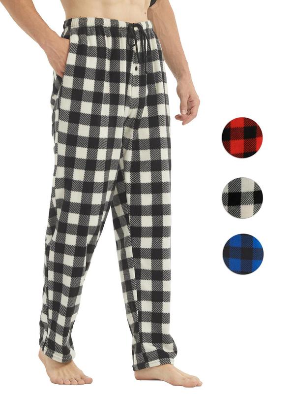 Men's Plaid Print Drawstring Waist Christmas Pajama Pants, Casual Polar Fleece Lounge Trousers for Fall, Lounge Pants, Back To School Wear, Men's Fall Clothing, Male Nightwear, Christmas Pajamas, Warm Bottoms, Fluffy Pajamas, Halloween Pajamas