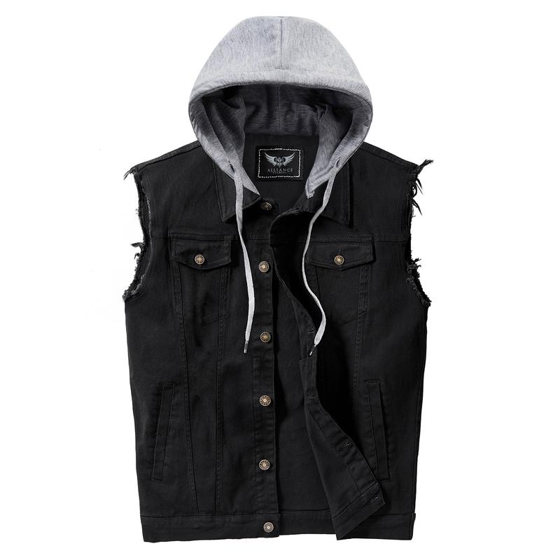 RongYue Men's Denim Vest Casual Button Stretchy Distressed Jean Sleeveless Jacket with Hood