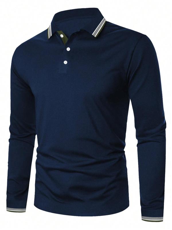 Men's Contrast Binding Polo Shirt, Regular Fit Casual Long Sleeve Button Top, Mens Clothes for Daily Wear