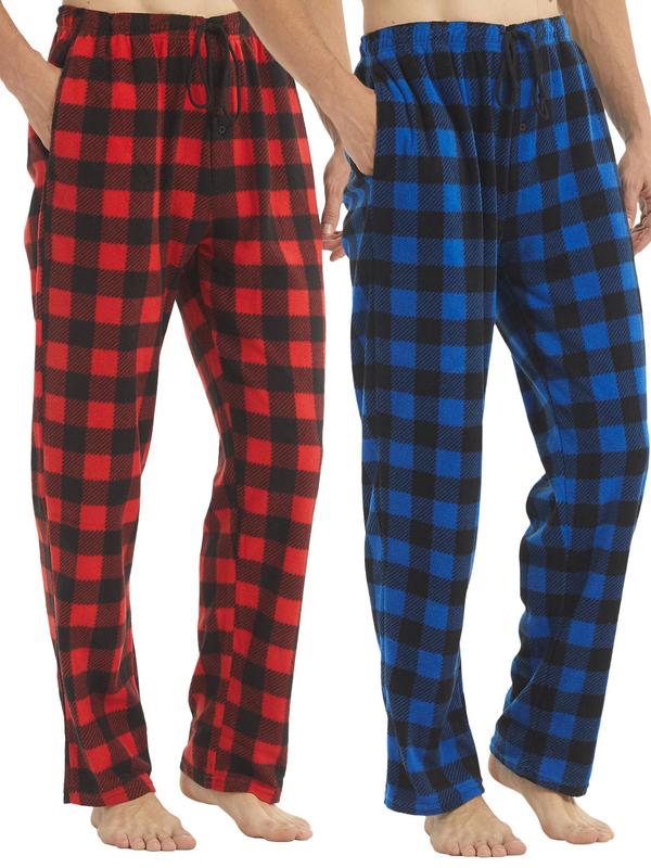 Men's Plaid Print Drawstring Waist Christmas Pajama Pants, Casual Polar Fleece Lounge Trousers for Fall, Lounge Pants, Back To School Wear, Men's Fall Clothing, Male Nightwear, Christmas Pajamas, Warm Bottoms, Fluffy Pajamas, Halloween Pajamas