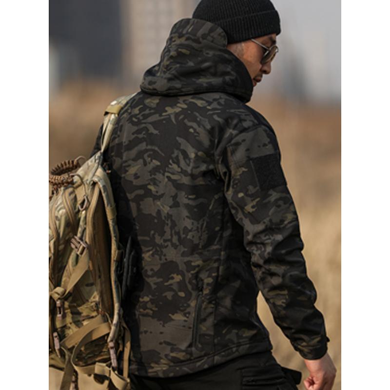 Men's Ultimate Camo Sharkskin Outfit - Windproof, Waterproof, Warm & Breathable Hooded Jacket with Fleece-Lined Pants Set for Hiking, Hunting, Camping | Durable, Comfortable & Versatile