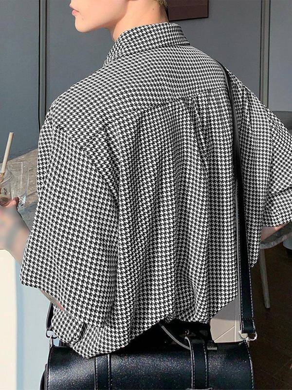 Men's Houndstooth Print Button Front Shirt with Tie, Regular Fit Casual Half Sleeve Pocket Collared Top for Summer, Men's Clothes for Daily Wear