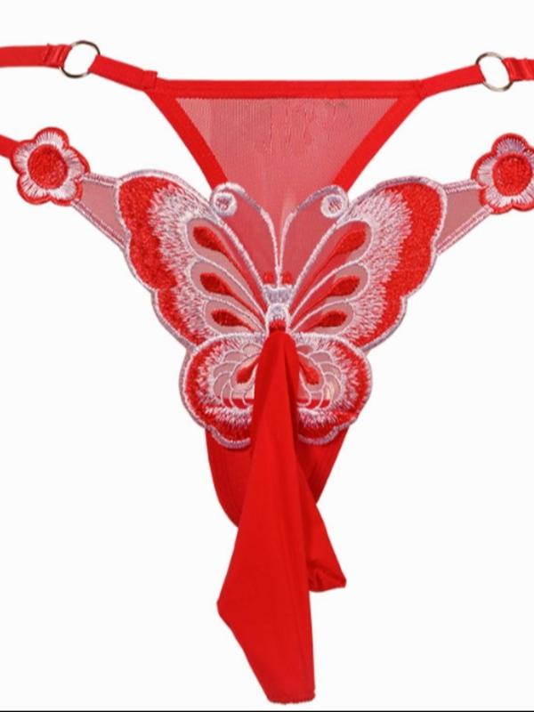 Men's Butterfly Embroidery Sheer Sexy Thong, Breathable Comfortable O-ring Decor Sexy Underwear for Daily Wear, Fashion Men's Underwear for All Seasons