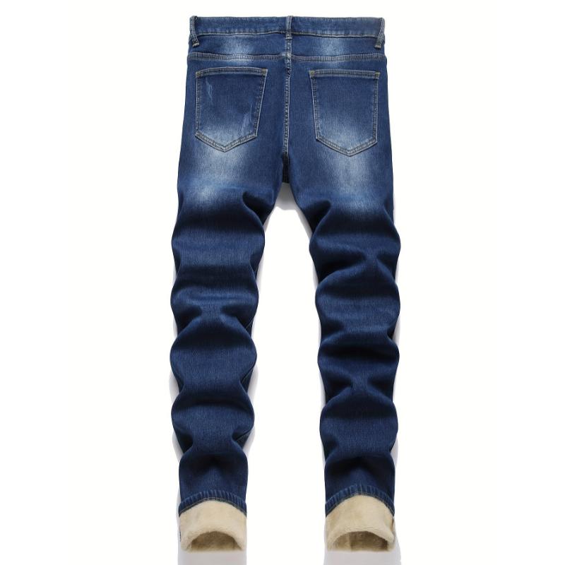 Men's Warm Fleece-Lined Stretch Denim Jeans - Casual Straight Leg, Machine Washable for Fall Winter