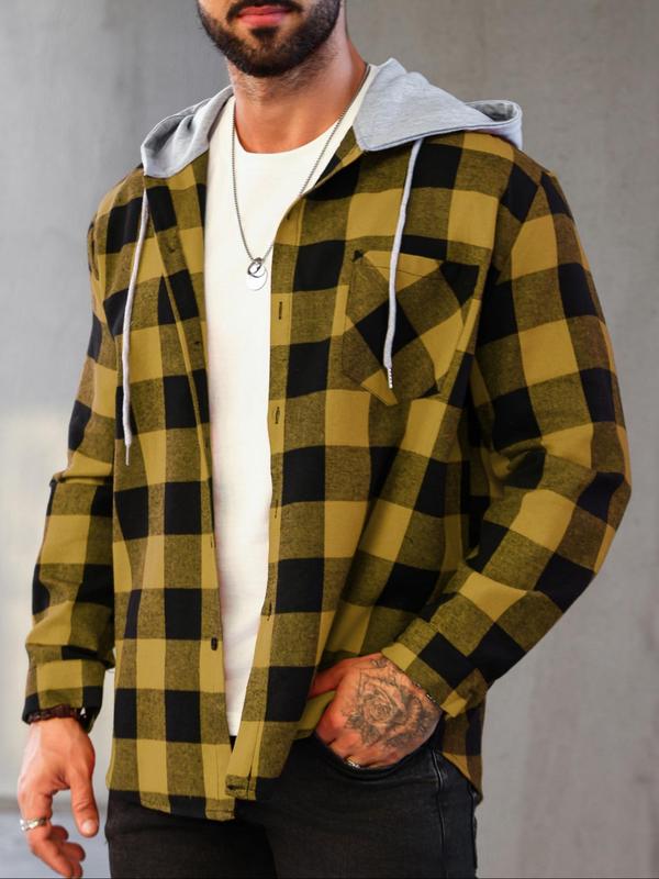 Men's Patchwork Plaid Print Button Front Hooded Jacket, Casual Regular Fit Long Sleeve Drawstring Pocket Outerwear for Fall & Winter, Men's Clothes for Daily Wear