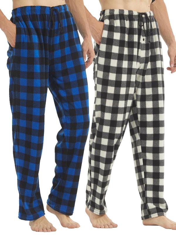 Men's Plaid Print Drawstring Waist Christmas Pajama Pants, Casual Polar Fleece Lounge Trousers for Fall, Lounge Pants, Back To School Wear, Men's Fall Clothing, Male Nightwear, Christmas Pajamas, Warm Bottoms, Fluffy Pajamas, Halloween Pajamas