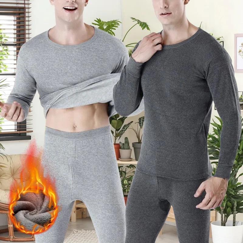 2pcs Set Men Winter Fleece-Lined Underwear Thermal Long Johns Thicken Warm Tops Pants Soft Comfortable Pajamas Man Clothing