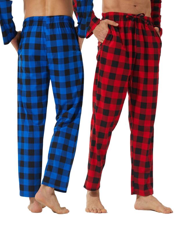 Men's Plaid Print Drawstring Waist Lounge Pants, Casual Comfy Elastic Waist Pocket Sleep Pants for All Seasons, Men's Sleepwear for Daily Wear