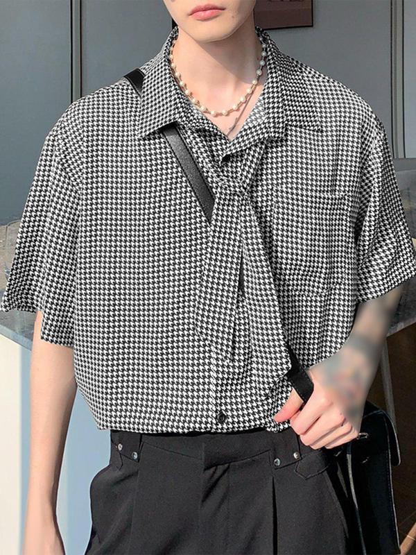 Men's Houndstooth Print Button Front Shirt with Tie, Regular Fit Casual Half Sleeve Pocket Collared Top for Summer, Men's Clothes for Daily Wear