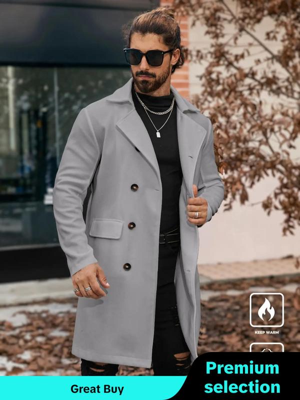 Men's Solid Button Front Lapel Neck Coat, Regular Fit Casual Long Sleeve Pocket Outerwear for Fall & Winter, Men's Clothes for Daily Wear